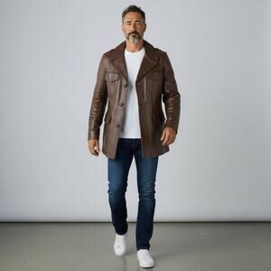 Cortefiel Vintage Mens Leather Car Coat Made in Spain Tan Brown Jacket Size 42